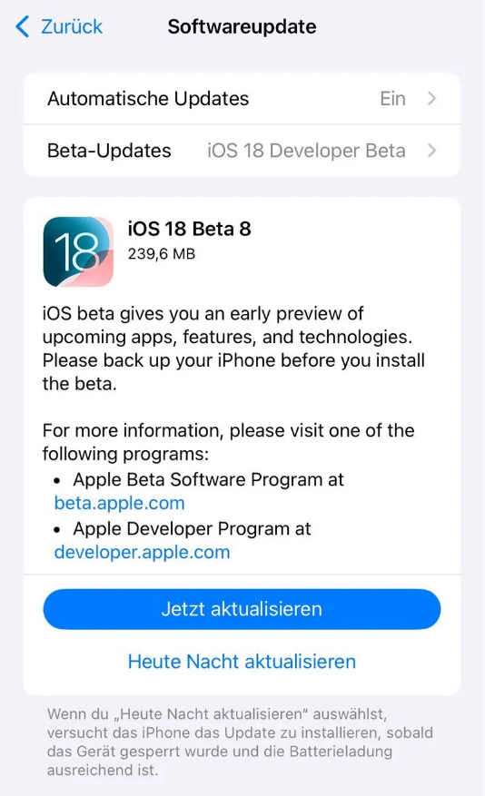 石城苹果手机维修分享苹果 iOS / iPadOS 18 开发者预览版 Beta 8 发布 